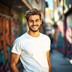 A young man with an attractive, mature appearance, wearing a casual t-shirt and jeans