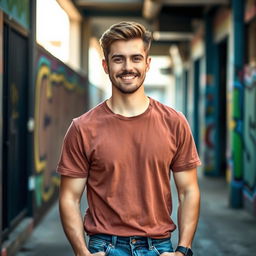 A young man with an attractive, mature appearance, wearing a casual t-shirt and jeans