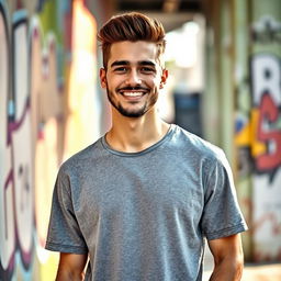A young man with an attractive, mature appearance, wearing a casual t-shirt and jeans