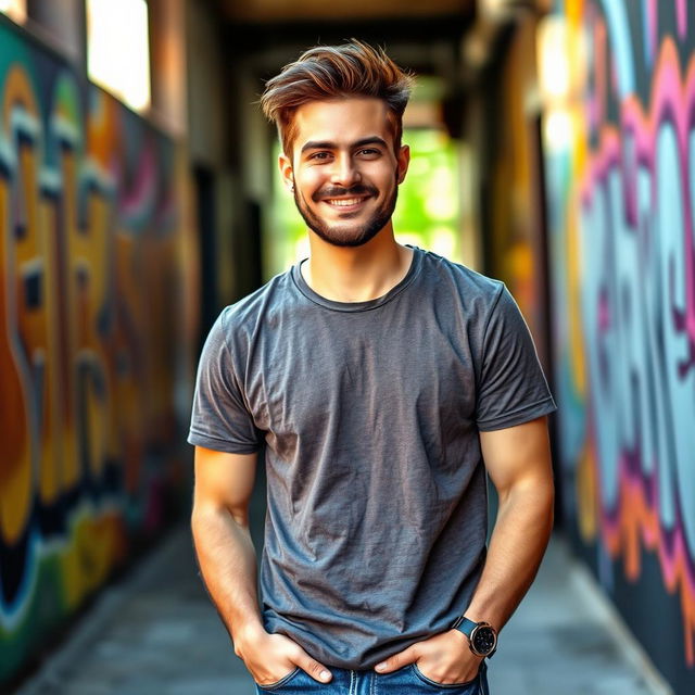 A young man with an attractive, mature appearance, wearing a casual t-shirt and jeans