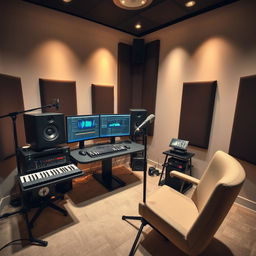 A modern, well-equipped recording studio featuring a high-end PC setup with dual monitors displaying sound editing software, a professional microphone on a stand, comfortable chair, and acoustic panels on the walls