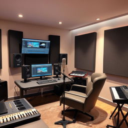 A modern, well-equipped recording studio featuring a high-end PC setup with dual monitors displaying sound editing software, a professional microphone on a stand, comfortable chair, and acoustic panels on the walls