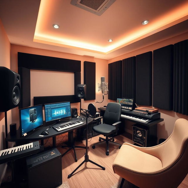 A modern, well-equipped recording studio featuring a high-end PC setup with dual monitors displaying sound editing software, a professional microphone on a stand, comfortable chair, and acoustic panels on the walls
