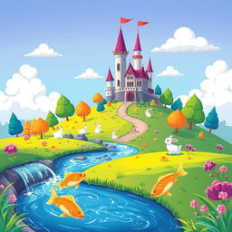 A cartoon version of a vibrant fantasy landscape, featuring a whimsical castle atop a hill, surrounded by colorful trees and fluffy clouds