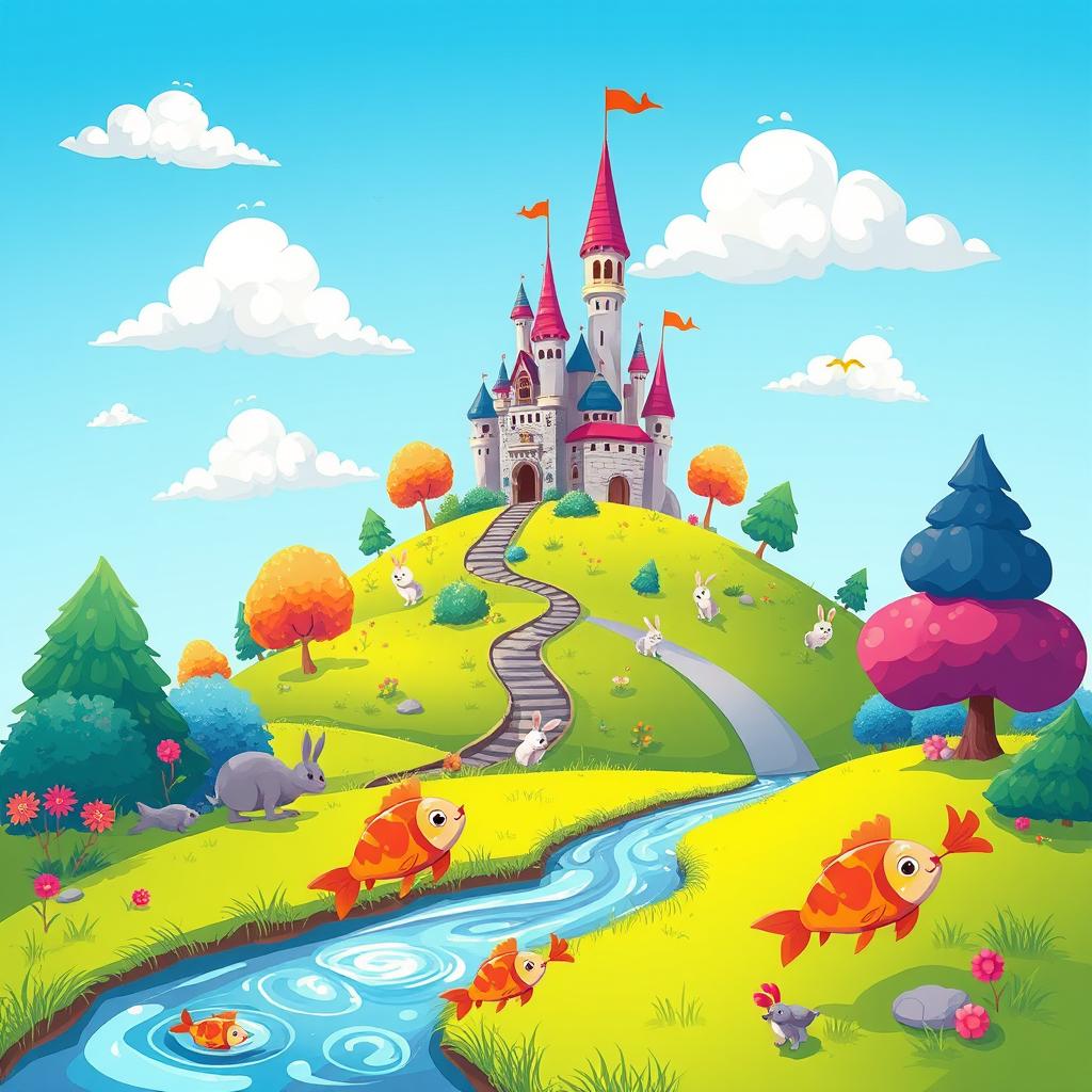 A cartoon version of a vibrant fantasy landscape, featuring a whimsical castle atop a hill, surrounded by colorful trees and fluffy clouds