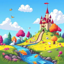 A cartoon version of a vibrant fantasy landscape, featuring a whimsical castle atop a hill, surrounded by colorful trees and fluffy clouds
