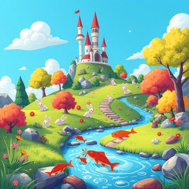 A cartoon version of a vibrant fantasy landscape, featuring a whimsical castle atop a hill, surrounded by colorful trees and fluffy clouds