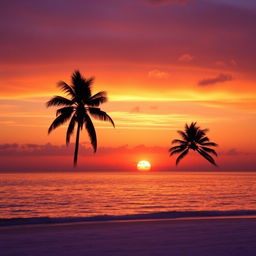 Photo of a beautiful sunset over a calm ocean, with vibrant orange and purple hues reflecting on the water