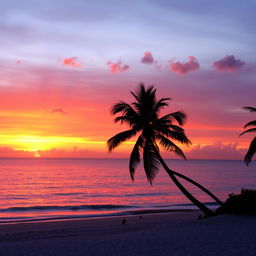 Photo of a beautiful sunset over a calm ocean, with vibrant orange and purple hues reflecting on the water