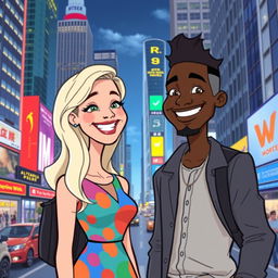 A vibrant cityscape featuring a cartoon-style illustration of a cheerful white woman and a friendly black man