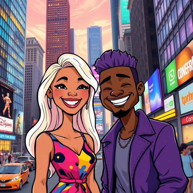 A vibrant cityscape featuring a cartoon-style illustration of a cheerful white woman and a friendly black man