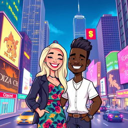 A vibrant cityscape featuring a cartoon-style illustration of a cheerful white woman and a friendly black man