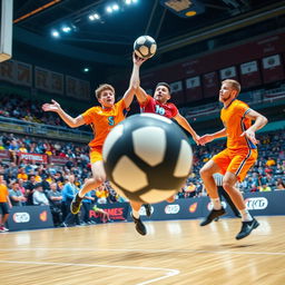 A dynamic and energetic handball game in action, featuring athletes in colorful sports uniforms