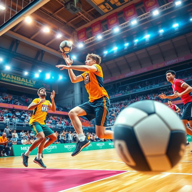 A dynamic and energetic handball game in action, featuring athletes in colorful sports uniforms