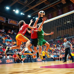 A dynamic and energetic handball game in action, featuring athletes in colorful sports uniforms