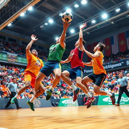 A dynamic and energetic handball game in action, featuring athletes in colorful sports uniforms