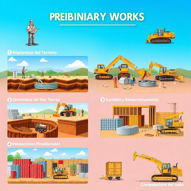 A detailed and informative illustration depicting the preliminary works in a construction project, including seven distinct panels for each step