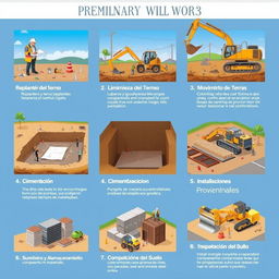 A detailed and informative illustration depicting the preliminary works in a construction project, including seven distinct panels for each step