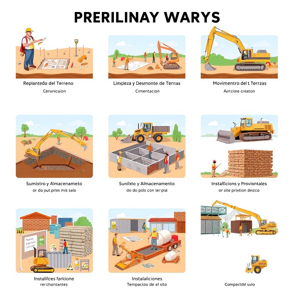 A detailed and informative illustration depicting the preliminary works in a construction project, including seven distinct panels for each step
