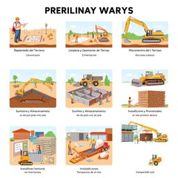 A detailed and informative illustration depicting the preliminary works in a construction project, including seven distinct panels for each step