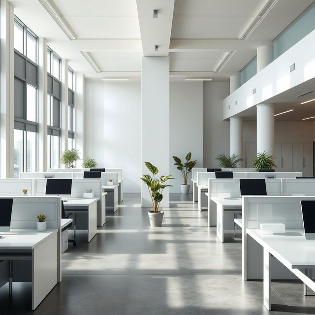 A modern office environment featuring empty cubicles and blank columns