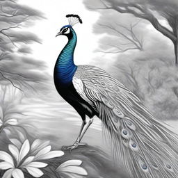 A unique black and white pen drawing, featuring a peacock in a park setting