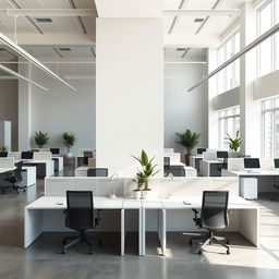 A modern office environment featuring empty cubicles and blank columns
