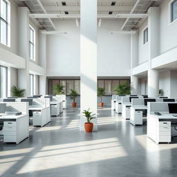 A modern office environment featuring empty cubicles and blank columns