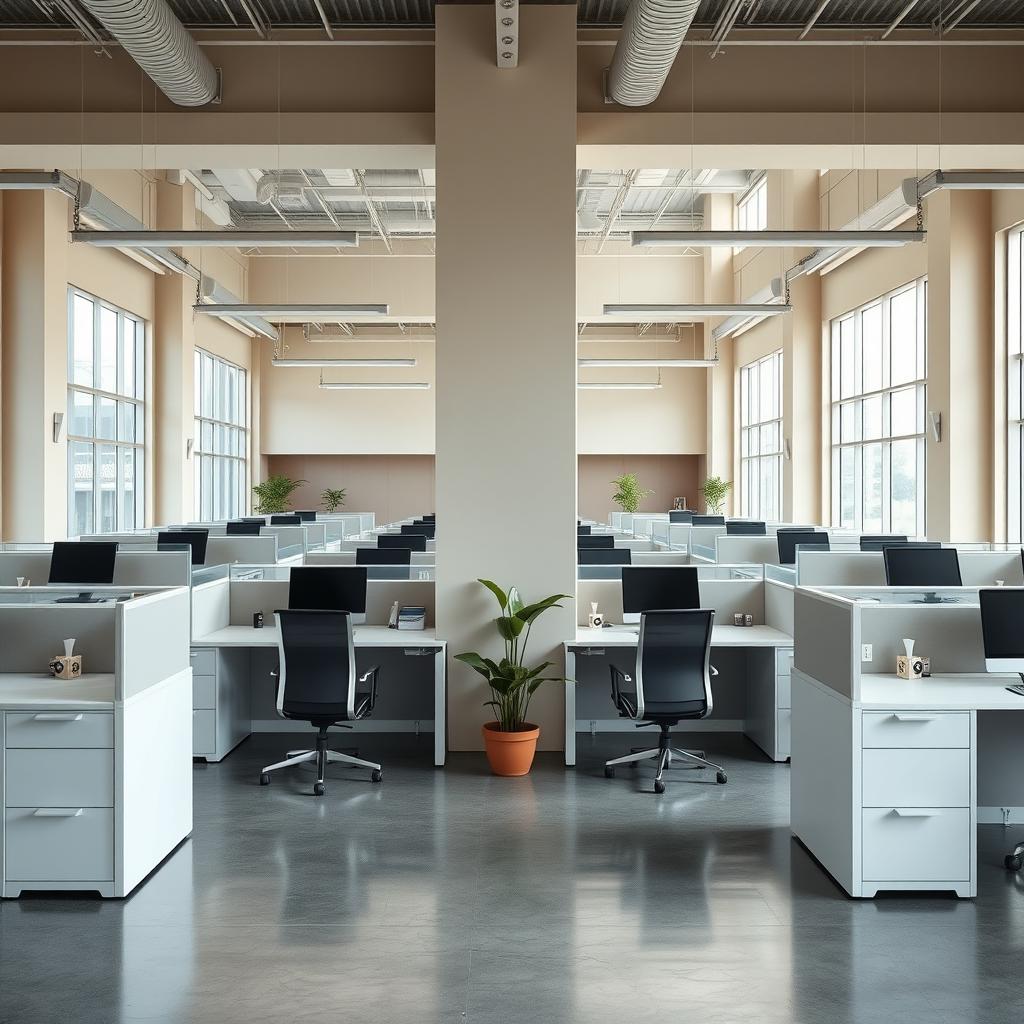 A modern office environment featuring empty cubicles and blank columns