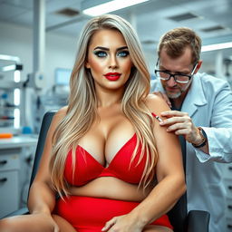 A plump, thick, and soft beautiful woman with long blond hair and captivating blue eyes