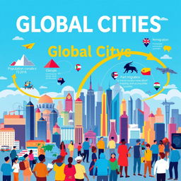 A vibrant poster illustrating the concept of global cities, demographic transition, and migration