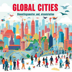 A vibrant poster illustrating the concept of global cities, demographic transition, and migration