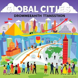 A vibrant poster illustrating the concept of global cities, demographic transition, and migration