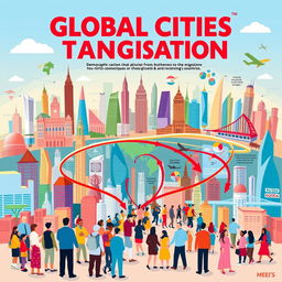 A vibrant poster illustrating the concept of global cities, demographic transition, and migration