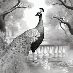 A unique black and white pen drawing, featuring a peacock in a park setting