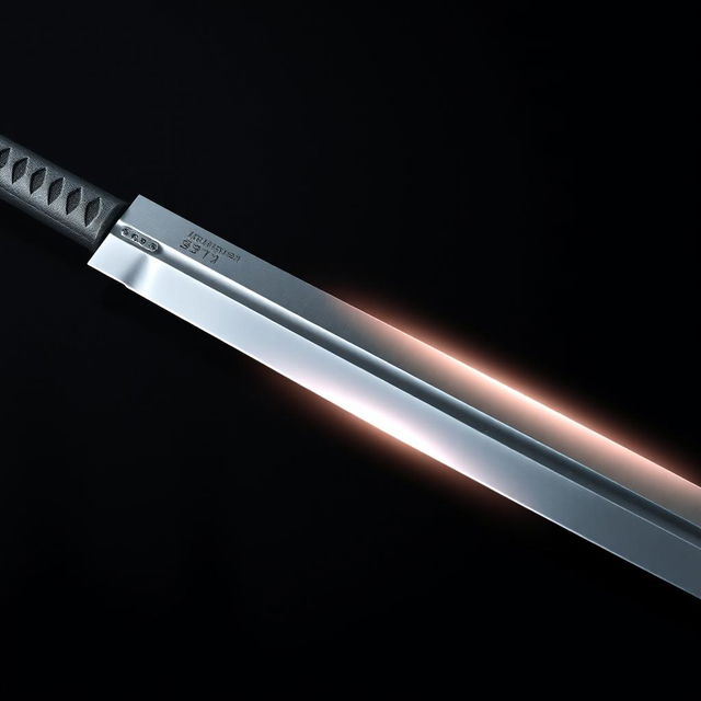 A sleek, sharp sword positioned diagonally across a dark, textured background