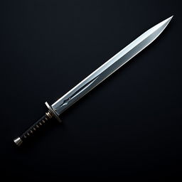 A sleek, sharp sword positioned diagonally across a dark, textured background