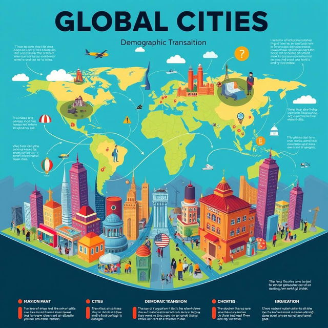 A vibrant and informative poster illustrating the concept of global cities, demographic transition, and migration