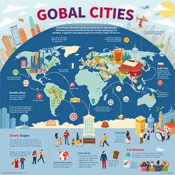 A vibrant and informative poster illustrating the concept of global cities, demographic transition, and migration