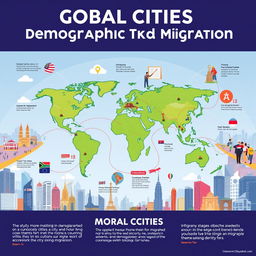 A vibrant and informative poster illustrating the concept of global cities, demographic transition, and migration