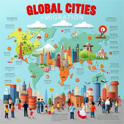 A vibrant and informative poster illustrating the concept of global cities, demographic transition, and migration