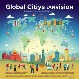 A captivating poster that visually represents global cities, demographic transition, and migration