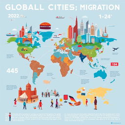A captivating poster that visually represents global cities, demographic transition, and migration