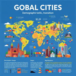 A captivating poster that visually represents global cities, demographic transition, and migration