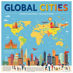 A captivating poster that visually represents global cities, demographic transition, and migration