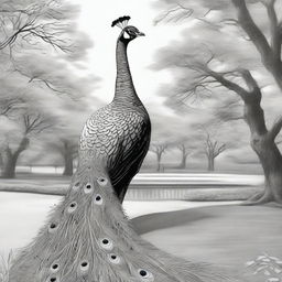 A unique black and white pen drawing, featuring a peacock in a park setting