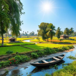 A picturesque landscape of Gafargaon, showcasing its natural beauty with lush green fields, traditional Bengali homes, and a serene river flowing through