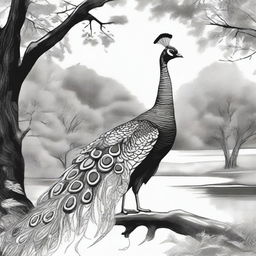 A unique black and white pen drawing, featuring a peacock in a park setting