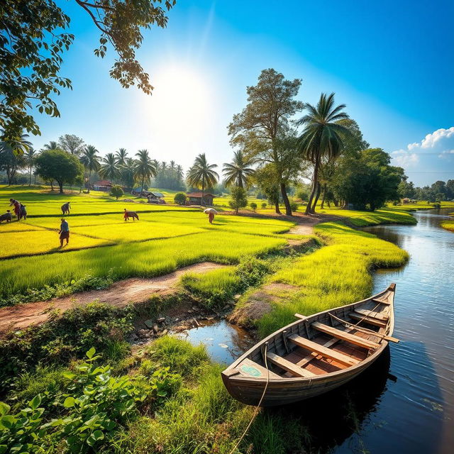 A picturesque landscape of Gafargaon, showcasing its natural beauty with lush green fields, traditional Bengali homes, and a serene river flowing through