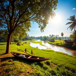 A picturesque landscape of Gafargaon, showcasing its natural beauty with lush green fields, traditional Bengali homes, and a serene river flowing through